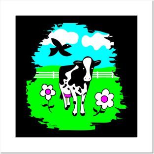 Happy Cow in Flowered Pasture Posters and Art